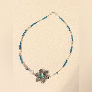 Hand Crafted Silver Floral Pendant Necklace with Teal Accents